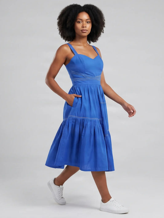 Cobalt Blue Tiered Linen Midi Dress