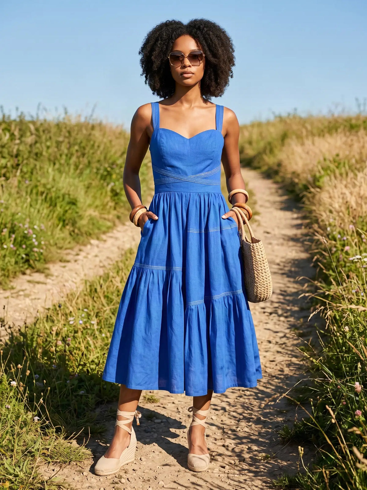 Cobalt Blue Tiered Linen Midi Dress
