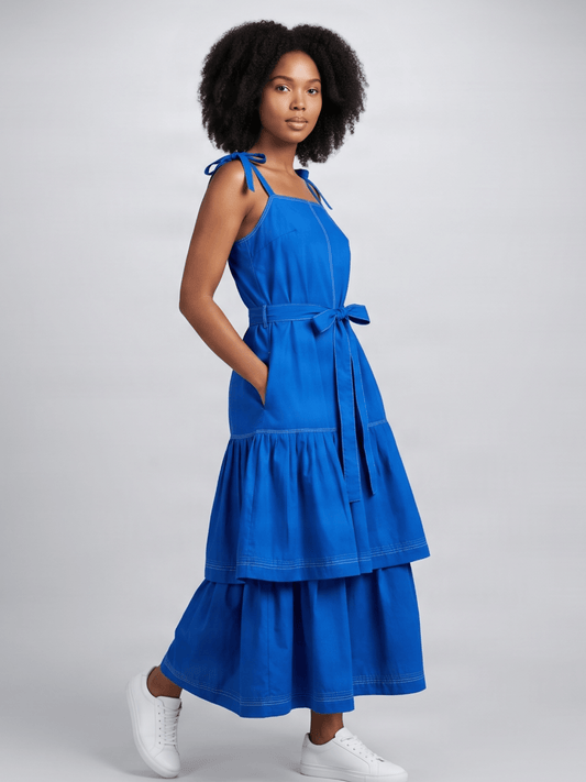 Cobalt Blue Tiered Linen Maxi Dress - Asi Masili