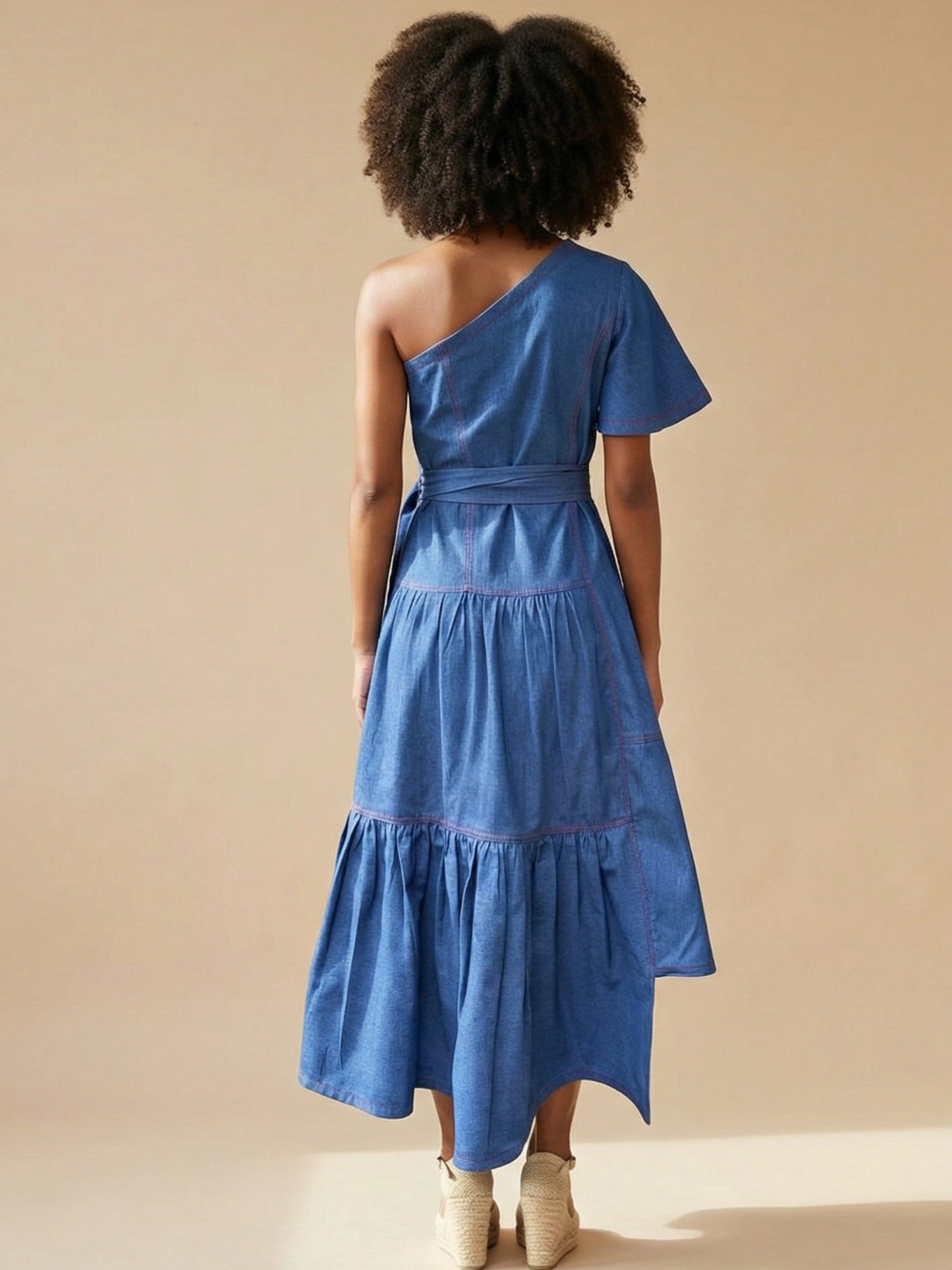 One-Shoulder Denim Midi Dress