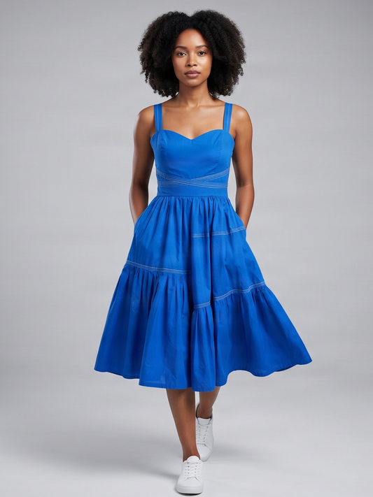 Cobalt Blue Tiered Linen Midi Dress