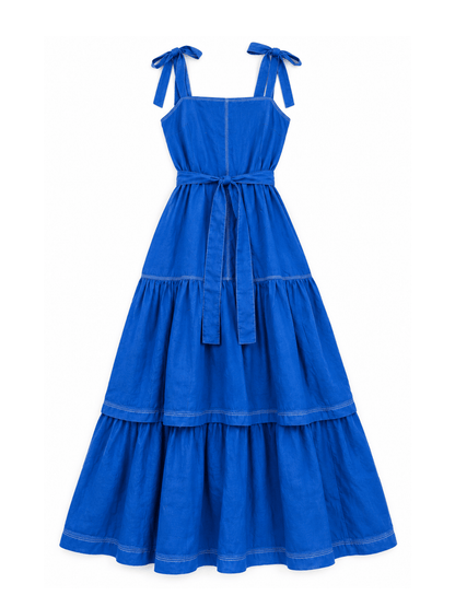 Cobalt Blue Tiered Linen Maxi Dress - Asi Masili