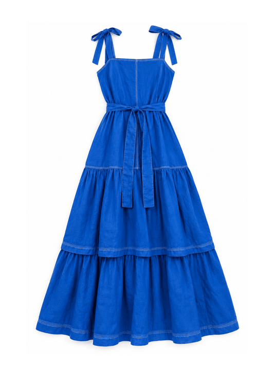 Cobalt Blue Tiered Linen Maxi Dress - Asi Masili