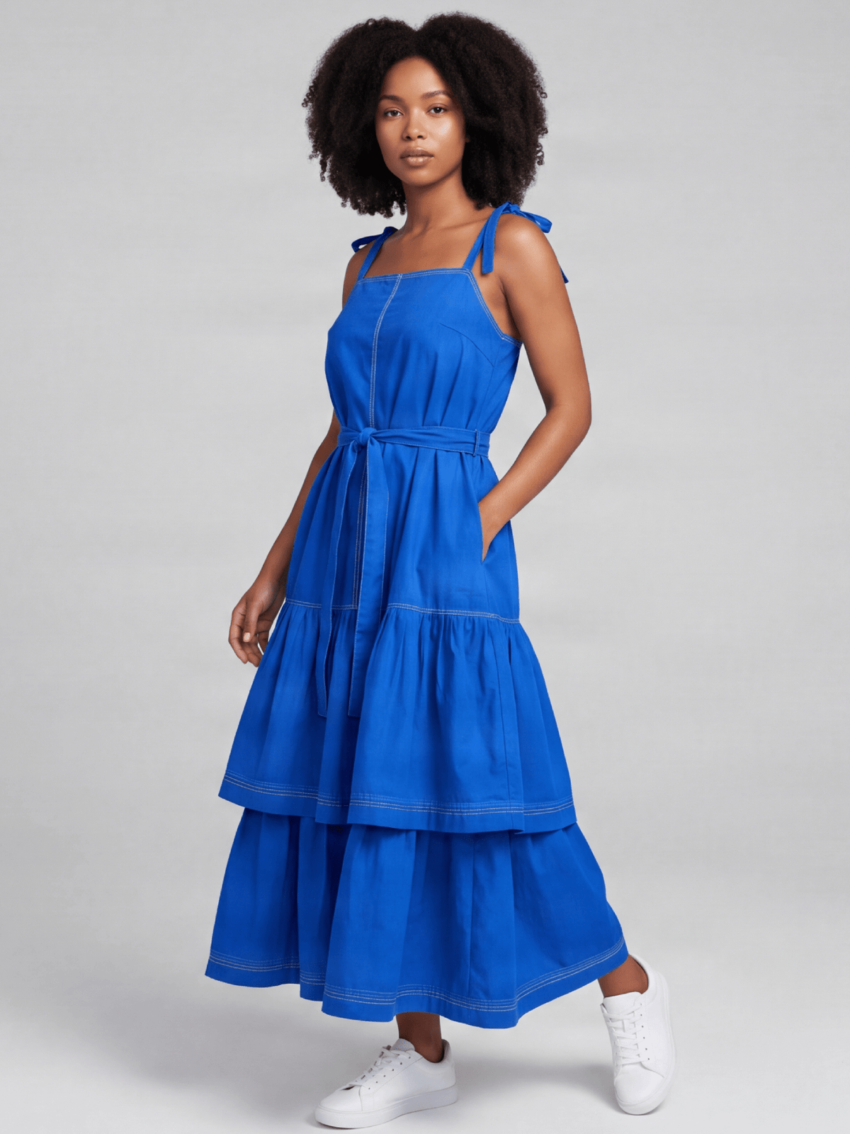 Cobalt Blue Tiered Linen Maxi Dress - Asi Masili