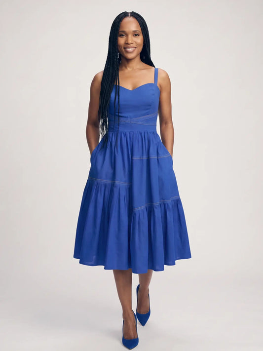 Cobalt Blue Tiered Linen Midi Dress - Asi Masili