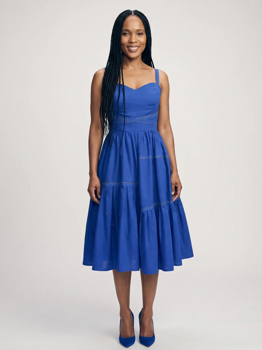 Cobalt Blue Tiered Linen Midi Dress - Asi Masili