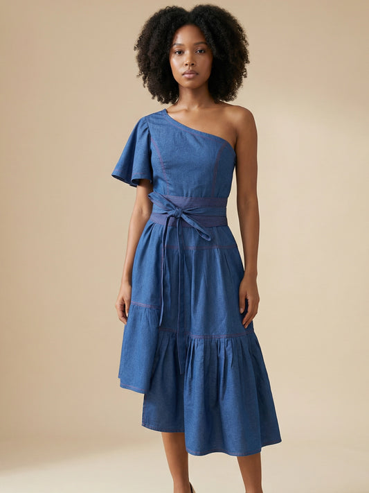 One-Shoulder Denim Midi Dress