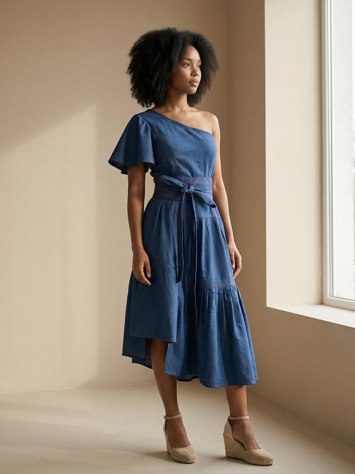 One - Shoulder Denim Midi Dress - Asi Masili