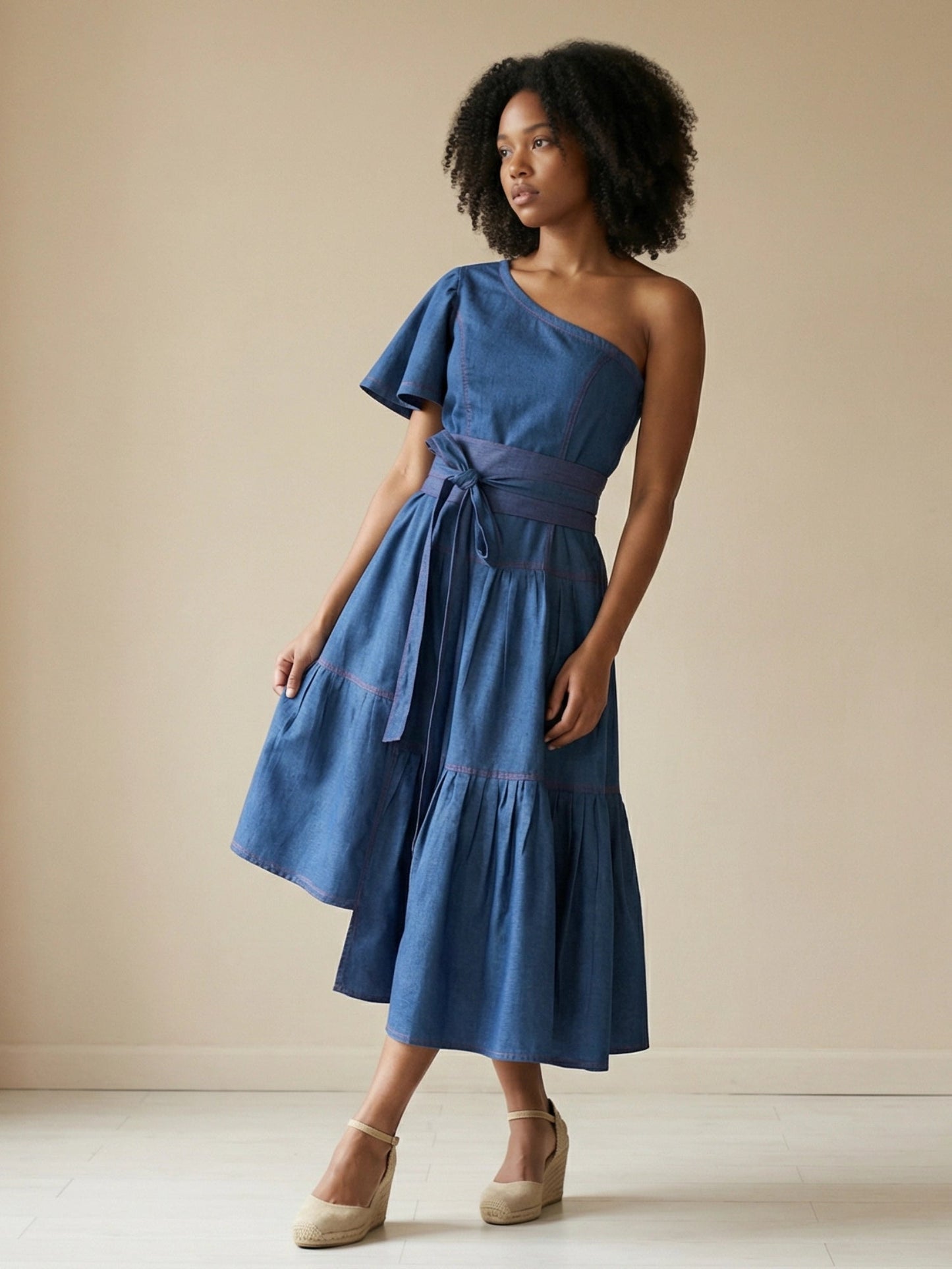 One - Shoulder Denim Midi Dress - Asi Masili